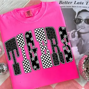 Comfort Colors® Tigers Tshirt, Checker Star Leopard Letters, Black White Spirit Team Mascot Shirt