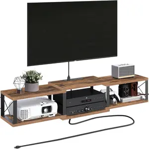 Floating TV Stand with Power Outlet, Wall-Mounted Entertainment Center, Floating Metal Frame Media Console Shelf for Under TV Storage, for Living Room, Bedroom, Rustic Brown TVHR101E01