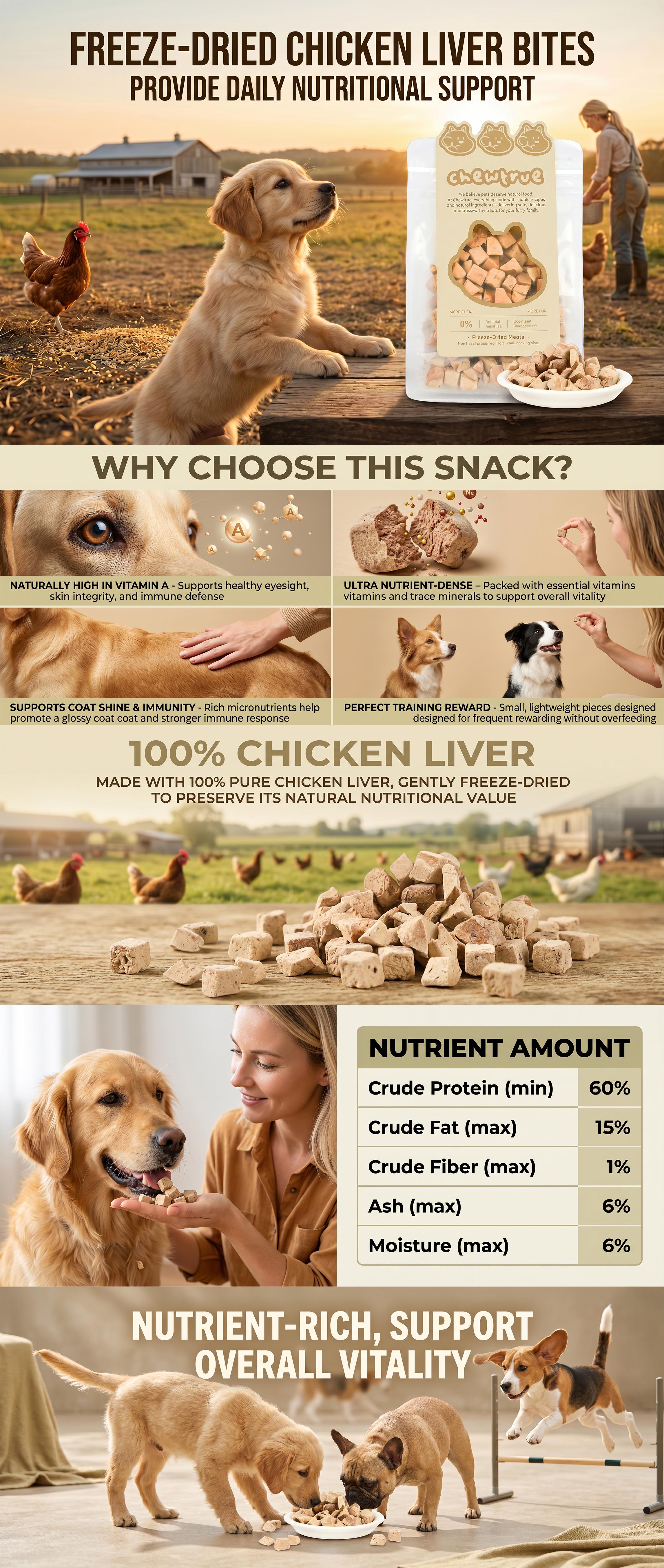 ChewTrue Freeze-Dried Chicken Liver Bites Pet Treats, Rich in Vitamin A & Heme Iron, Boosts Immunity, High Protein, Low Fat, Easy to Digest, Highly Palatable, Suitable for Dogs and Cats.（Pack size：80G）