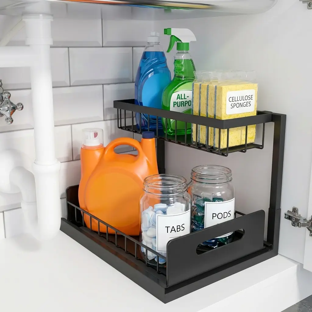 Industrial 2-Tier Pull Out Carbon Steel L-Shaped Under Sink Organizer - Rust-Proof Heavy Duty Sliding Drawer with Waterproof Liners for Under Sink Organization, Bathroom Organizers, Cleaning Supplies, Home Storage Solutions