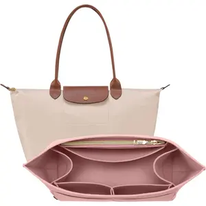 Purse Organizer Insert for Longchamp Le Pliage, Premium Felt Long Champ Bag Handbag Women, Tote Organizer Insert with 9 Compartments (Large, Pink)