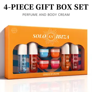 8-Piece Set, SOLO EN IBIZA Body & Hair Fragrance Mist And Body Cream Gift Box, Long Lasting Perfume, 4 Different Scents, Perfect For Holiday Gifts, Dating, Daily Life, Parties, 3.4 fl oz Perfume,1 oz Body Cream