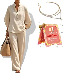 Women’s Batwing Sleeve Linen Cotton Two-Piece Set – Casual Shirt & Wide Leg Pants Outfit