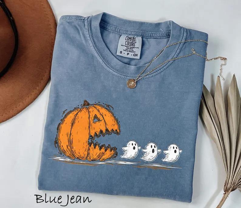 Comfort Colors Halloween Pumpkin Eat Ghosts T-Shirt – Sweatshirt – Hoodie, Funny Halloween Shirt, Halloween Gamer Gift, Halloween Party Tee,Pumpkin Pac Man T-Shirt