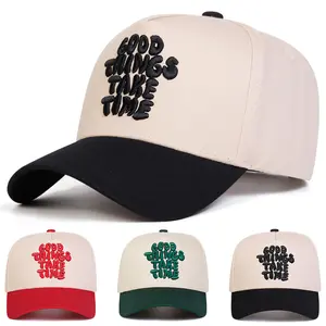 Unisex GOOD THINGS TAKE TIME Letter Embroidered Patchwork Five-sided Baseball Cap Outdoor Adjustable Sunscreen Leisure Hat Spring Autumn Travel Tourism Beach Vacation