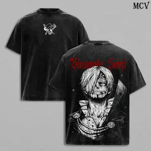 Sanji One Piece Vintage Washed T-Shirt Menswear Top Heavy Cotton Underwear Tee, Double Printed Anime Manga Graphic Shirt, Unisex Oversize Streetwear Casual Washed Tee