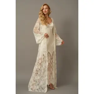 Chantilly Lace Long Robe with Silky Satin Lace Nightgown - next day shipping