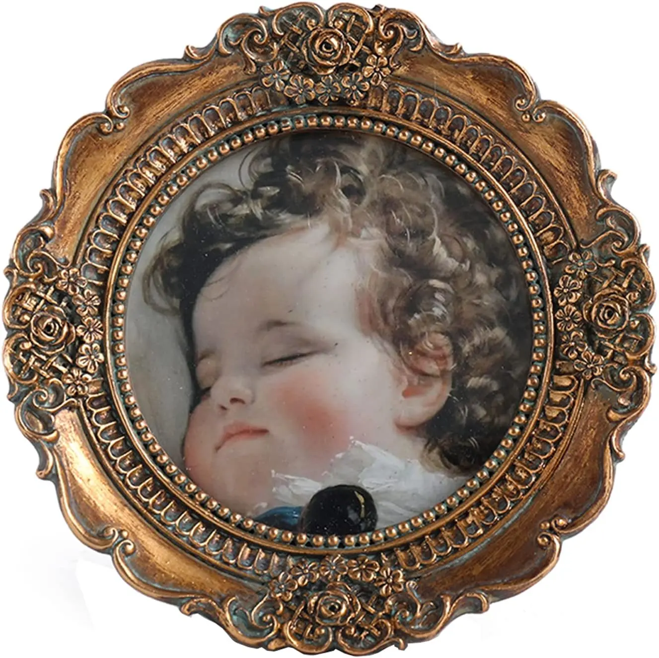 Antique Bronze Ornate Round 3x3 Mini Photo Frames - Retro Landscape Wall & Tabletop Frames with Embossed Floral Design for Room Home Decor Gallery Display, Circle, Set