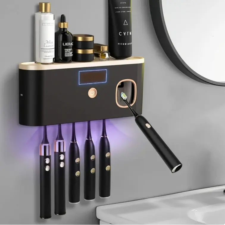 UV Toothbrush Sanitizer Wall Mounted with Toothpaste Dispenser Large Capacity Tray Tooth Brushing Holder & Bathroom Accessories