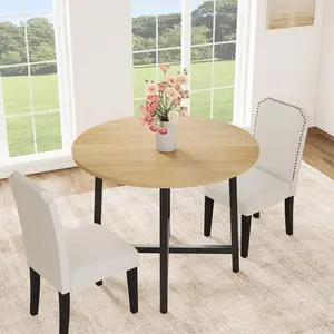 31.5'' Round Dining Table for 2‑4 – Small Kitchen Dining Room Table for Space Saving – Wood Circle Kitchen Table with Sturdy Metal Frame + 2 Chairs