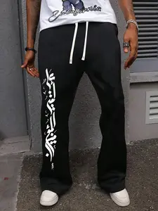 Men's Regular Fit Arabic Calligraphy Print Sweatpants, Casual Comfy Jogger Pants for Fall & Winter, Men's Trousers for Daily Wear