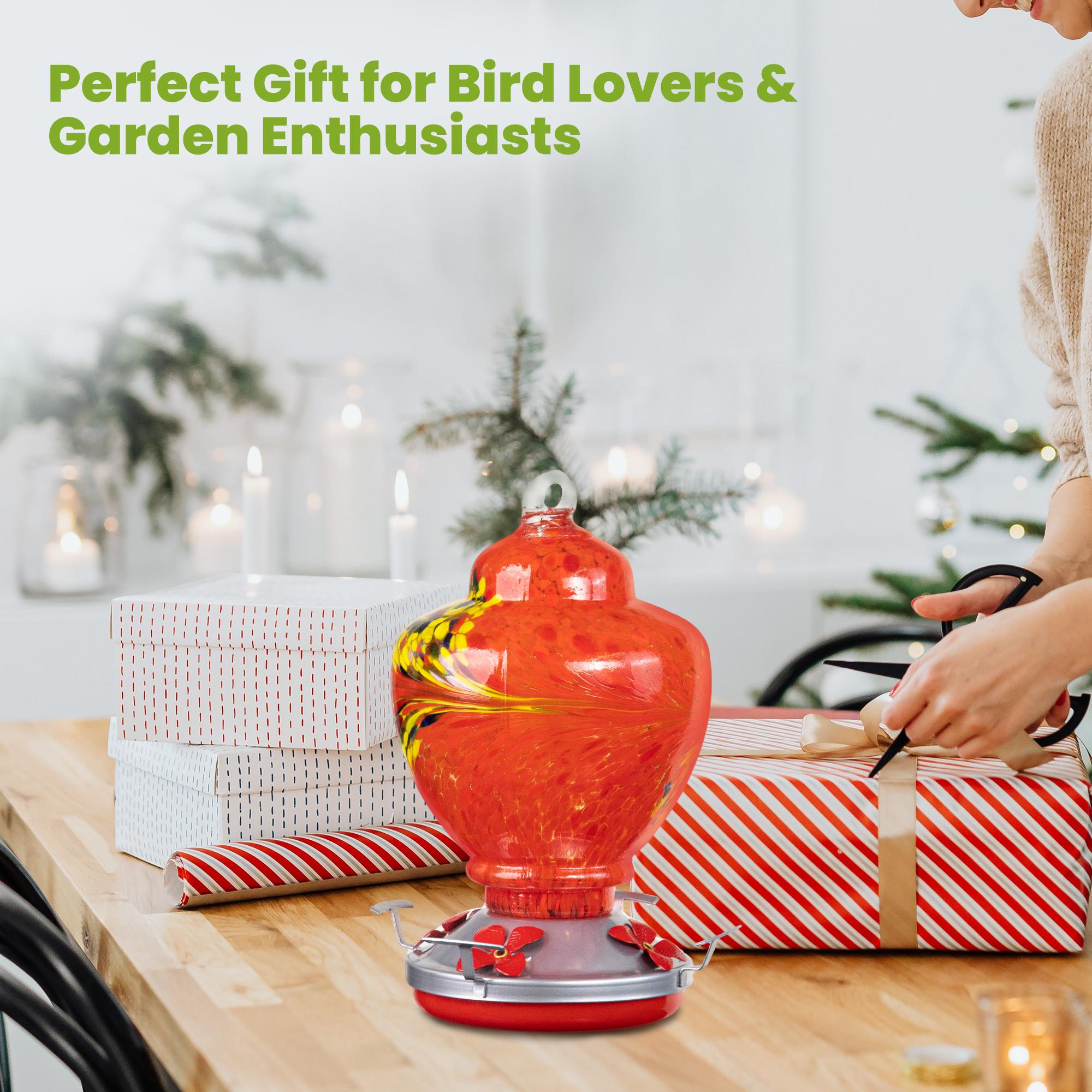 ennvaofficial outdoor garden large hummingbird feeder, 32-ounce colorful hand-blown glass hummingbird feeder, equipped with an anti-ant guard, hanging hook, rope, brush, and service card (red)