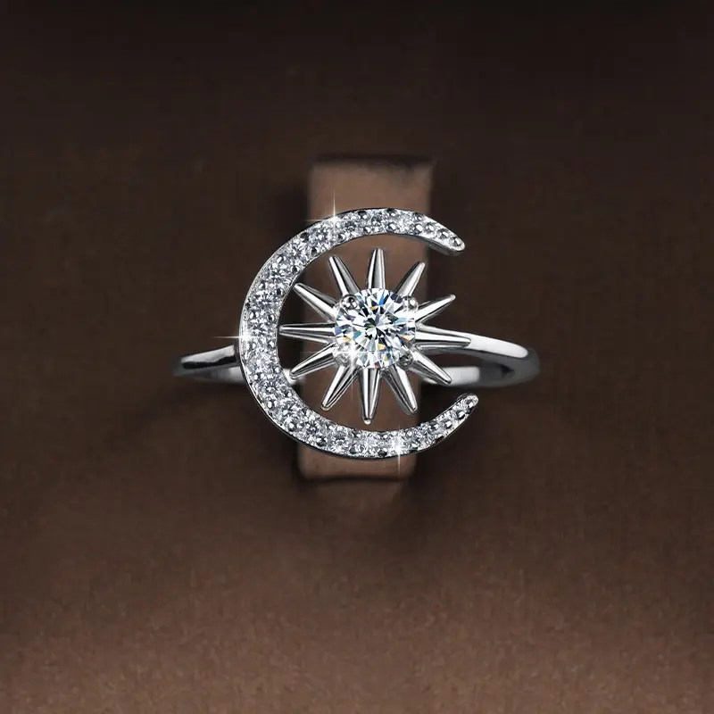 (Sun & Moon) 925 Sterling Silver Synthetic Moissanite Exquisite Trendy Celestial Star Moon Stackable Ring,round cut moissanite ring, round brilliant moissanite ring, 925 sterling silver round ring, classic round engagement ring, round moissanite ring,