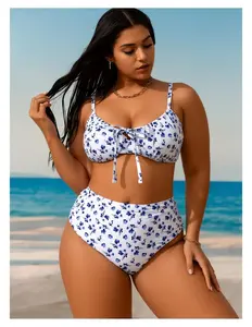 Plus Size Bikini Set - Ditsy Floral Print - Front Tie Two Piece Swimsuit for Women - Adjustable Straps - Comfortable & Stylish Bathing Suit for Summer Beach & Pool