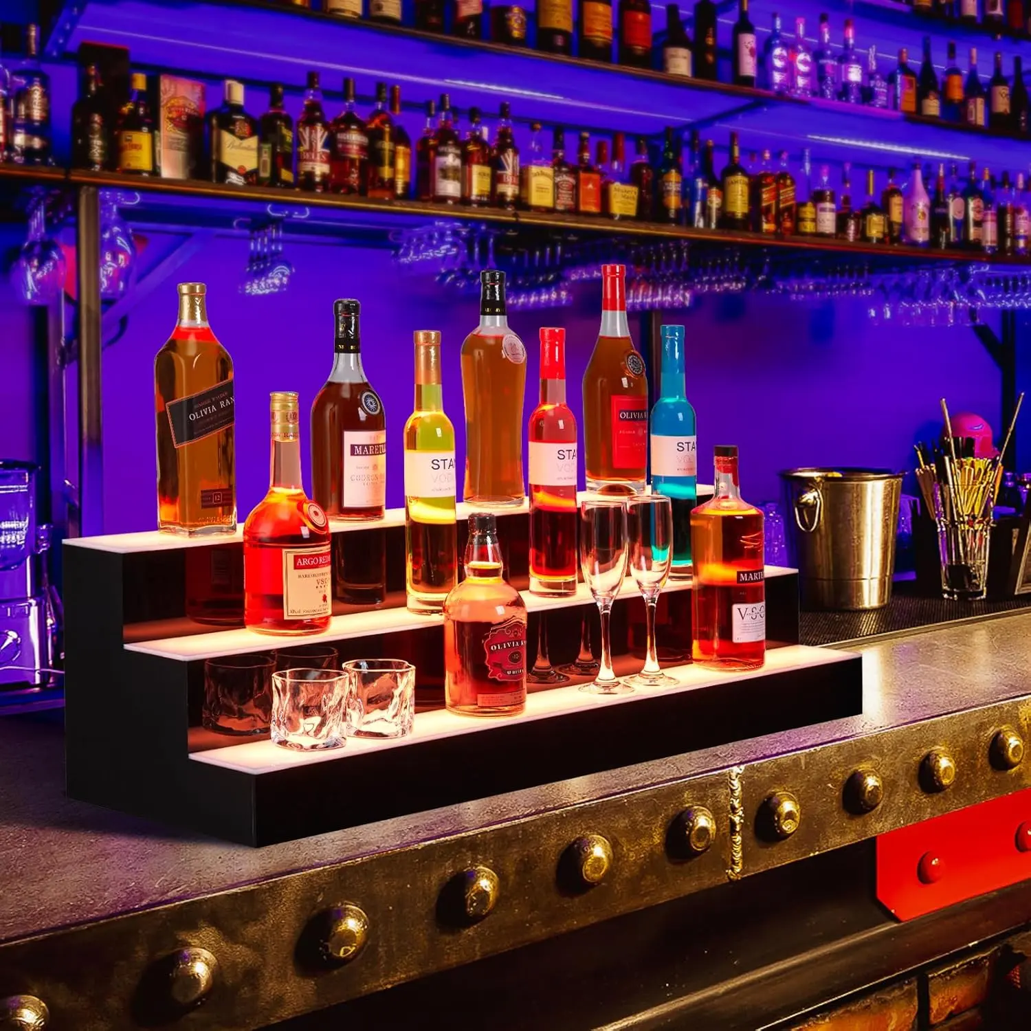 LED Lighted Liquor Bottle Display Shelf – 3-Tier 24 Inch Acrylic Bar Shelf, Multicolor Lighting, 4 Music Modes, RF Remote & Wireless App Control, Wall-Mounted for Bar or Home, Rectangle