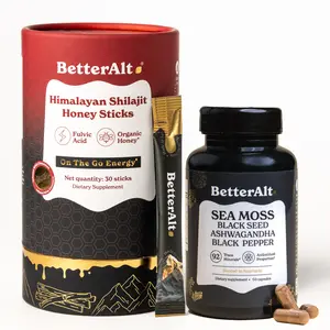 BetterAlt Peak Performance Support | GOLD+ Shilajit Cinnamon Honey Sticks & Sea Moss Capsules | Supports Energy & Immunity | 1-Month Pack