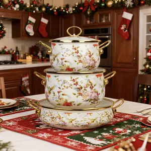 20/24/30cm Enamel Soup Pot Set, Vintage Floral Bird Design Flower Pattern Stockpot, Large Capacity, with Lid, Home Kitchen Utensils, High Quality, Stackable Cookware, Gas Stove & Induction Cookware