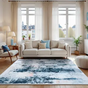 Blue Abstract Modern Machine Washable Area Rug For Living Room, Non Slip Low Pile Large Rug For Bedroom, Farmhouse, Dining Room, 5x8, 7x10, 9x11 Feet