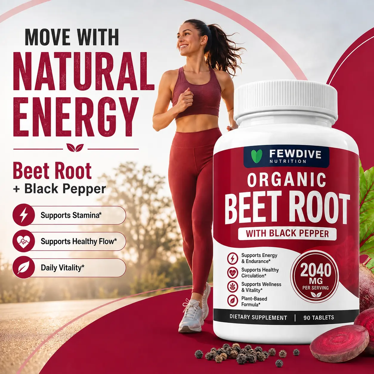 FEWDIVE Organic Beetroot Natural Botanical Dietary Supplement Capsules, 2040mg Beetroot + Black Pepper, Vegetarian Plant-Based Nutrition Healthcare Supplement, 90 Tablets