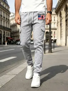 Men's Fashionable Printed Patch Pocket Pants, Comfortable Knit Sweatpants, Perfect for Daily Running, Spring & Fall 2026 New Style