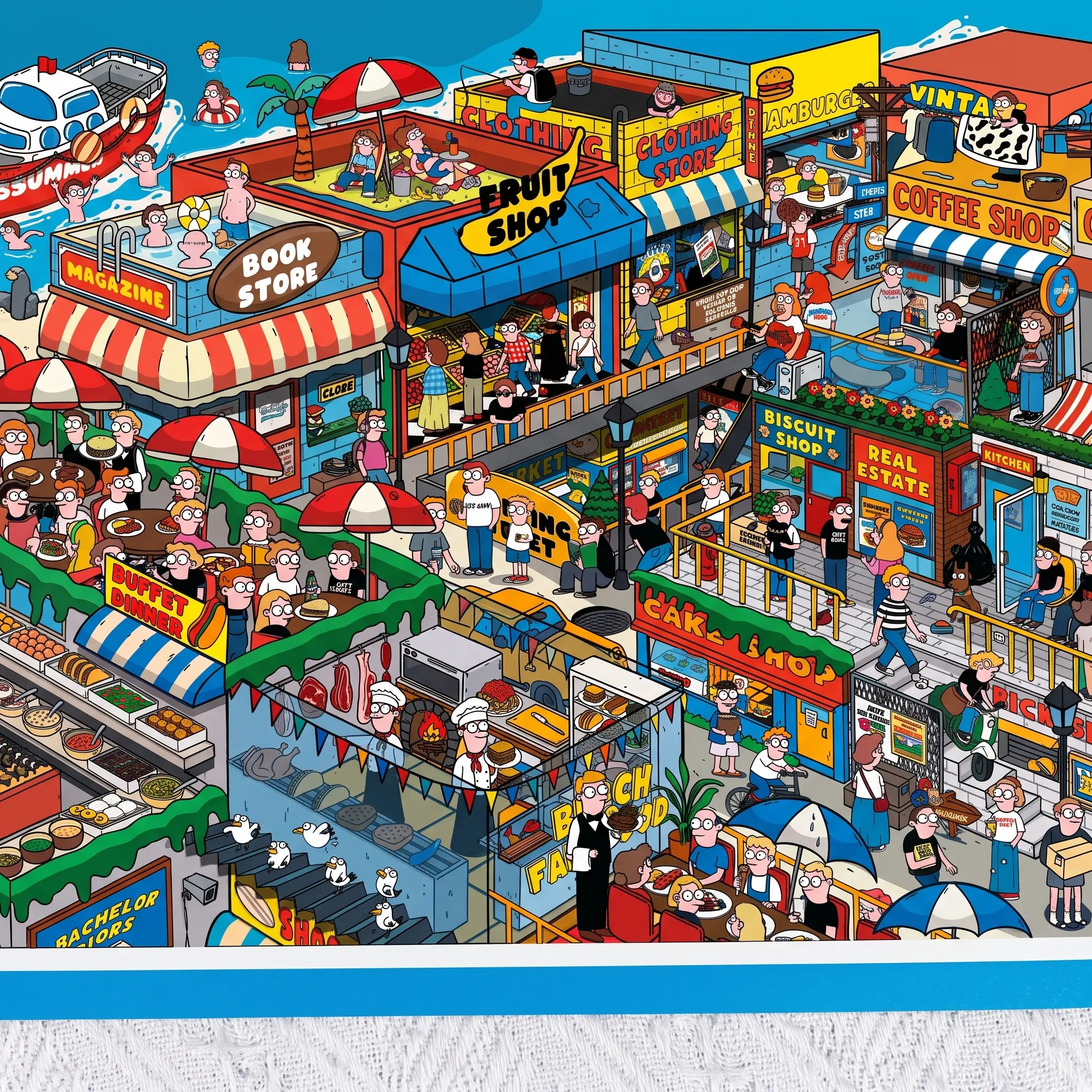 Vibrant manga-style beach downtown sticker set; oversized seaside market scene backdrop cards; pre-cut café, bookstore, fruit shop stickers; travel prop stickers; DIY layered coastal town 3D miniature handmade scenery (includes tweezers).