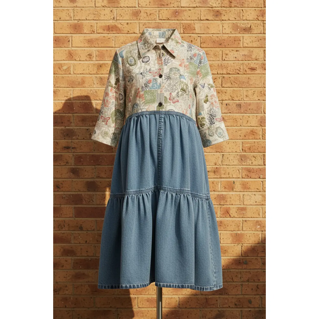 Medium/Large - Handmade Upcycled Butterfly Print & Denim Dress | Boho Sustainable Fashion