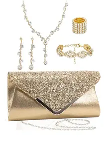 5 Pcs Purse Rhinestone Bridal Jewelry Set Prom Jewelry Rhinestone Clutch Purse Necklace Earrings Bracelets for Women Bride Accessories