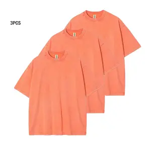 Solid color 3 -Pack  Washed and Aged Pure100% Cotton, Creating A Loose and Retro Texture "battle Robe" T-shirt for Both Men and Women