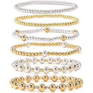 Gold Beaded Bracelets for Women 14K Gold Plated Beads Ball Silver Stackable Stretch Elastic Adjustable Bracelet Stack Non Tarnish Trendy Jewelry Set Adjustable Christmas Gifts for Women