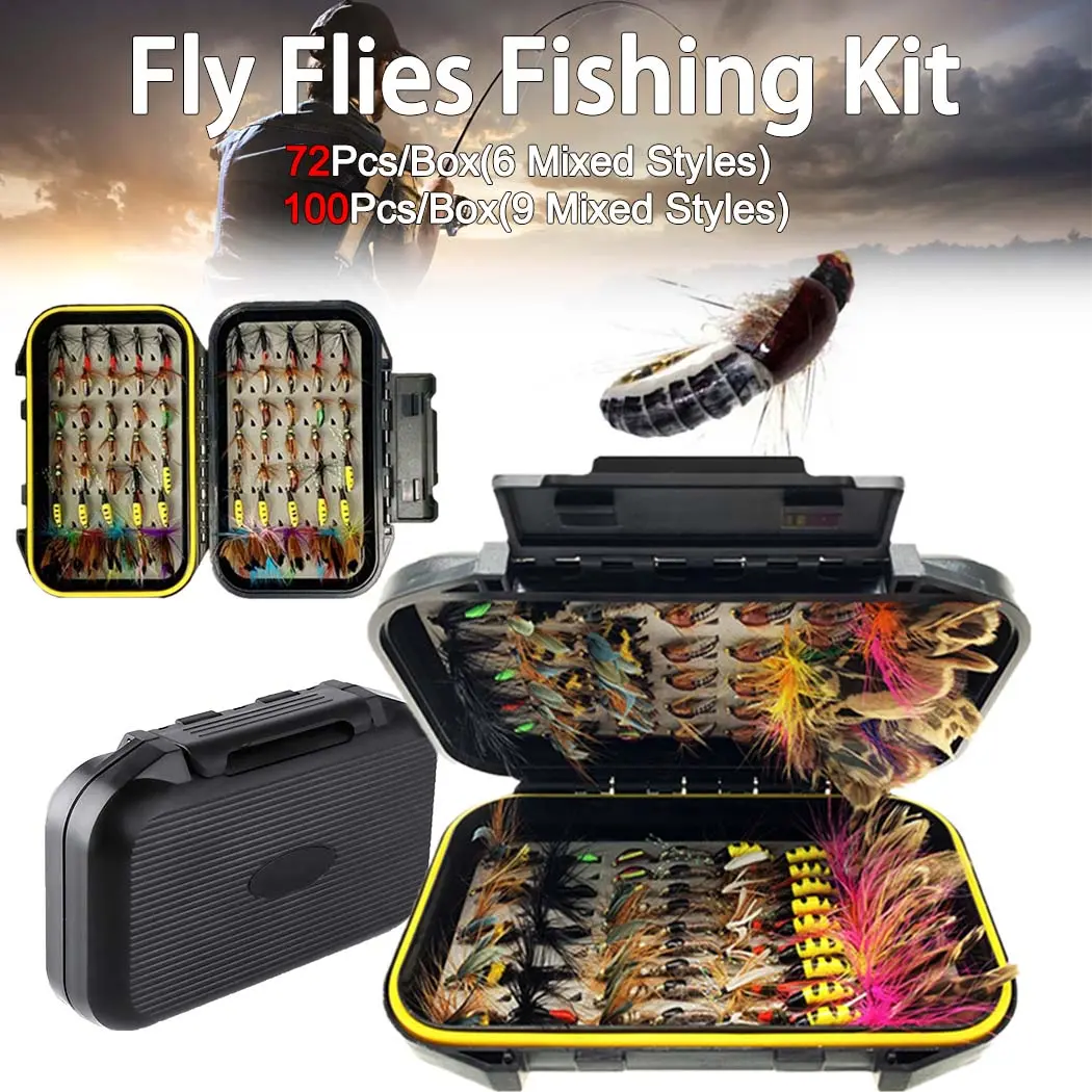 Fly Fishing Flies Kit, Fishing Tackle Kit, Fishing Equipment, Fishing Supplies, 72Pcs/100Pcs/Box Fishing Gear Set Outdoor Dry/Wet Fly Nymph Lure, Different Style Combination Set Fishing For Trout Salmon Steelhead Grayling Artificial Insect Baits Lures