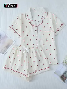 Two Counts Women's Cherry/Heart/Floral Print Lapel Pocket Shirt & Bow Decor Shorts Pyjama Set, Button Front Short Sleeve Top & Contrast Binding Shorts Pj Set, Casual Comfortable Sleepwear Set for Women