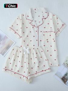 two counts women's cherry/ heart/ floral print lapel pocket shirt & bow decor shorts pyjama set, button front short sleeve top & contrast binding shorts pj set, casual fall sleepwear set for womenswear, cute pajamas sets, loungewear, homewear