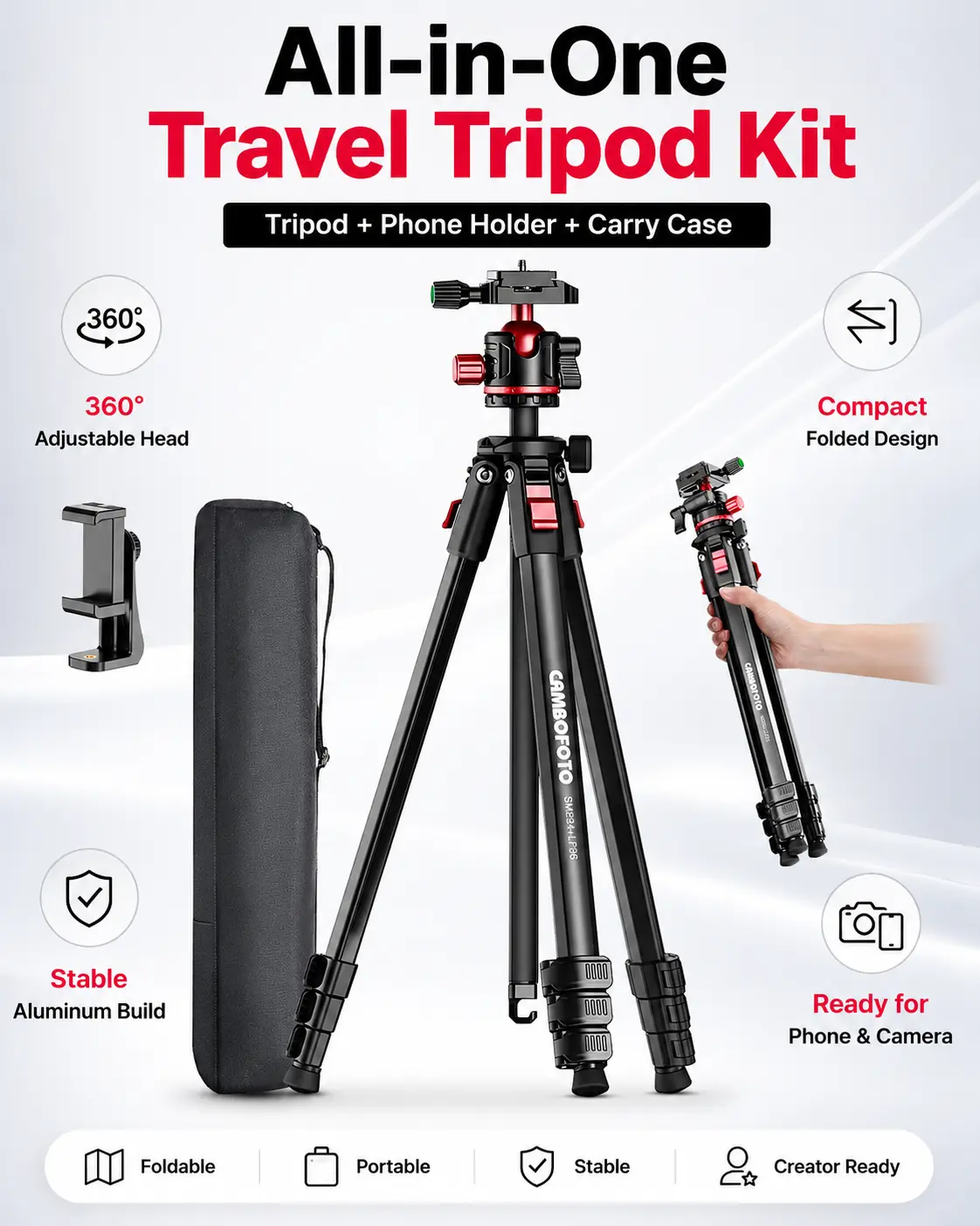 CAMBOFOTO 68" Compact Travel Tripod Kit - Camera, Phone, Camcorder Compatible - Hands-Free Design for Vlog & Travel Content Creation canon nikon sony camera