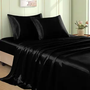 4pcs Black Satin Queen Size, 15 Inch Deep Pocket Silky Satin Sheet, Satin Cooling , 1 Sheet + 1 Flat Sheet + 2 Pillowcases