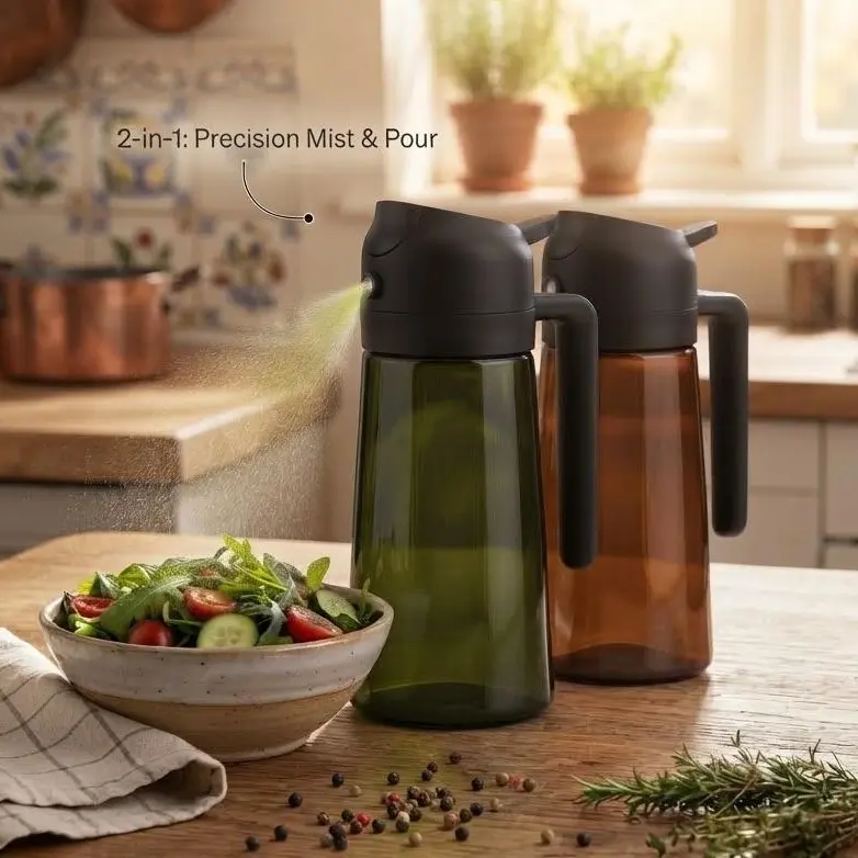 2pcs Spray&Pour Bottle Set - 16oz/470ml BPA-Free Light-Blocking Dark Green Glass 2-in-1 Spray Type Kitchen Dispensers with Lid & Nozzle, Food-Grade Refillable Gadget for Barbecues, Air Fryer (Olive/Avocado Oil, Soy Sauce)