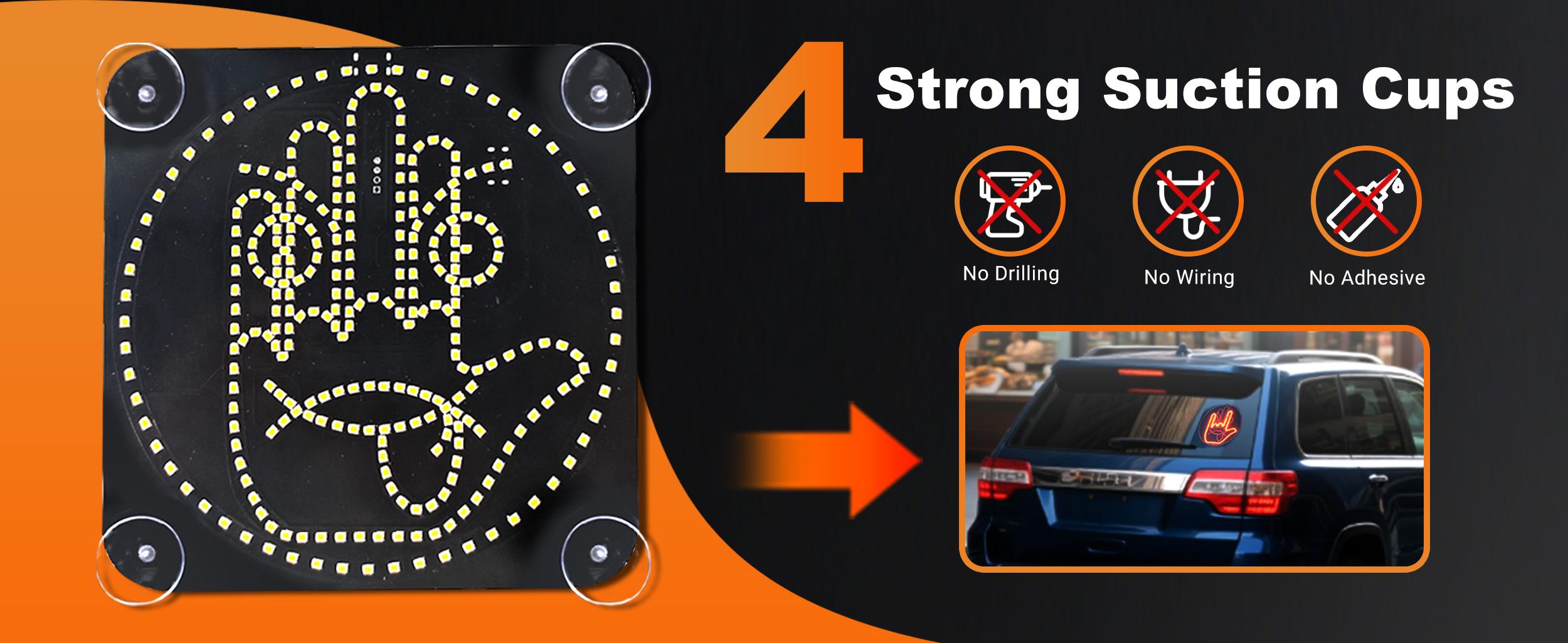 Hand Gesture Light for Car Window, 12 Display Modes with 4 Emoji + 4 Gestures + 4 Combo Signs, Remote Control, Rechargeable, Suction Cup Mount