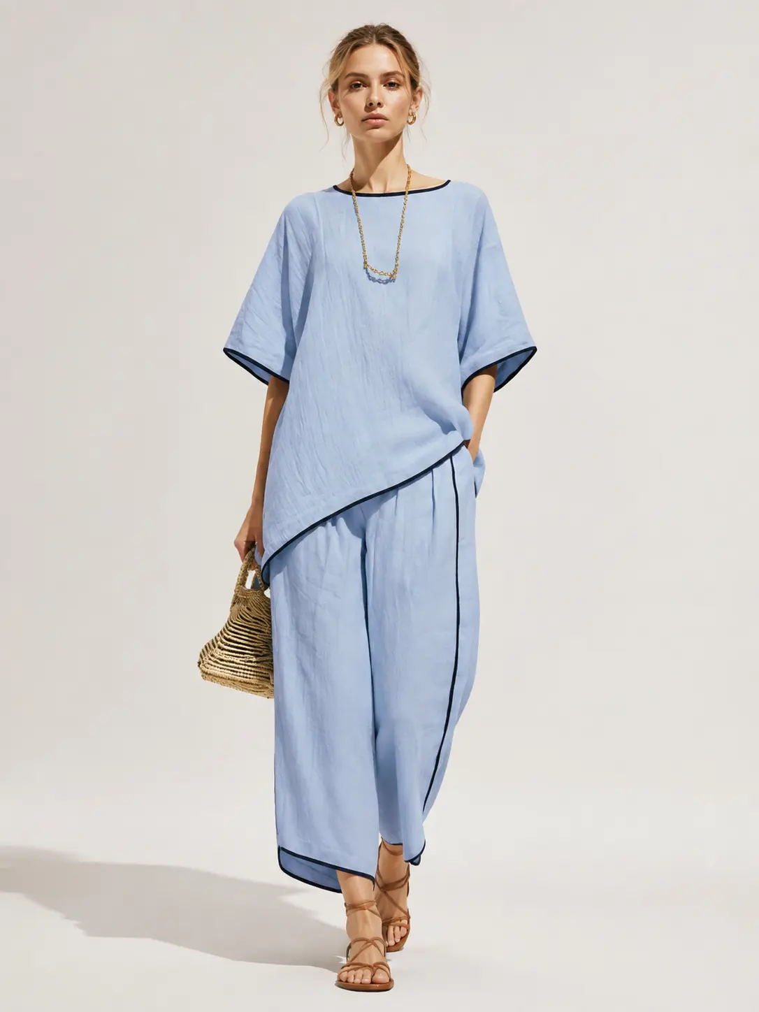 Women's 2026 Spring Summer Color-Block Crew Neck Half-Sleeve 2-Piece Set - Loose Irregular Asymmetrical Tunic Top, Wide Leg Pants, Soft Polyester Spandex, Casual Vacation & City Walk Loungewear Outfits