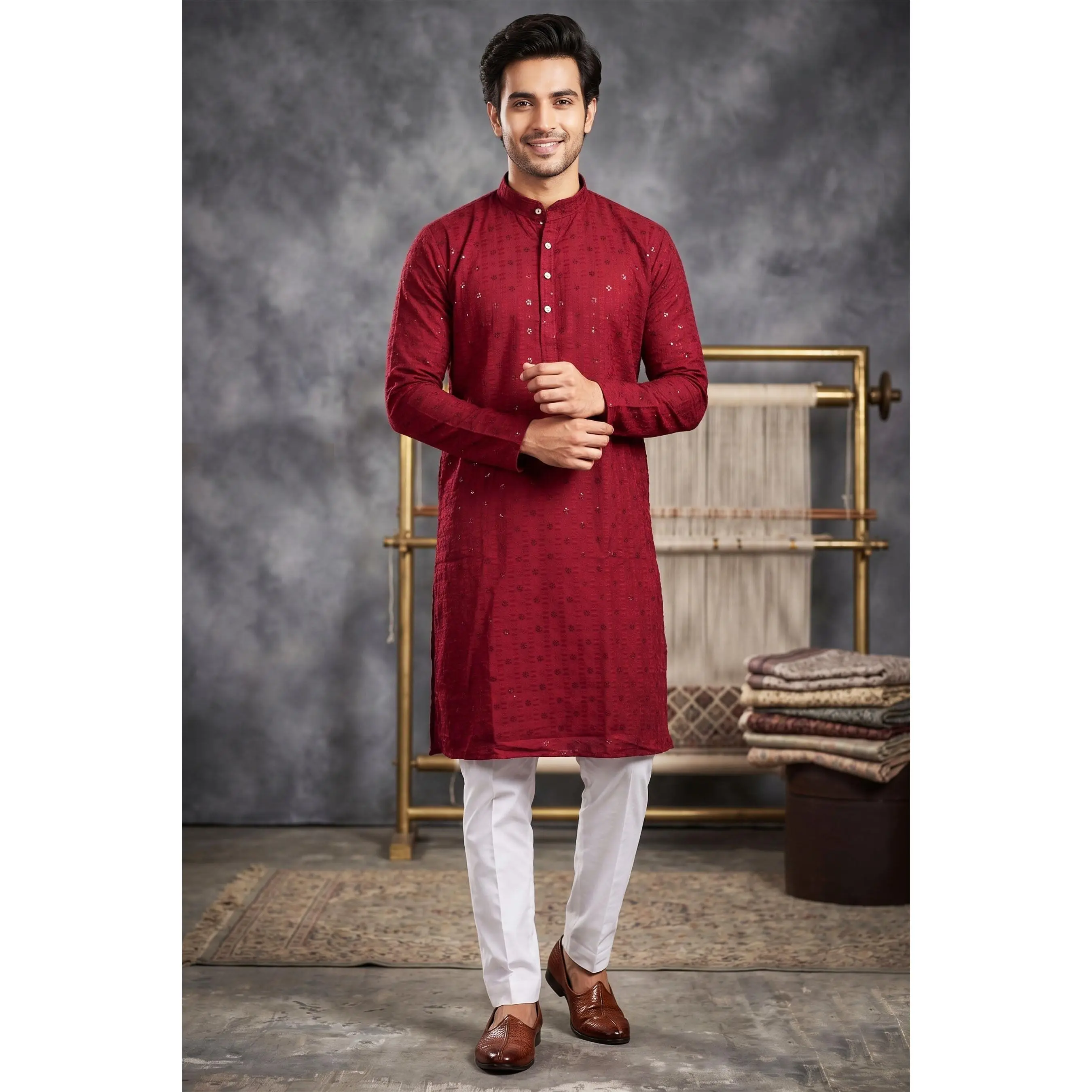 Men's Maroon Lakhnavi Kurta, Handcrafted with Resham Embroidery & Sequin Work | Soft Breathable Fabric, Machine Washable Indian Wear, Handcrafted Charm, Indian Heritage, Elegant