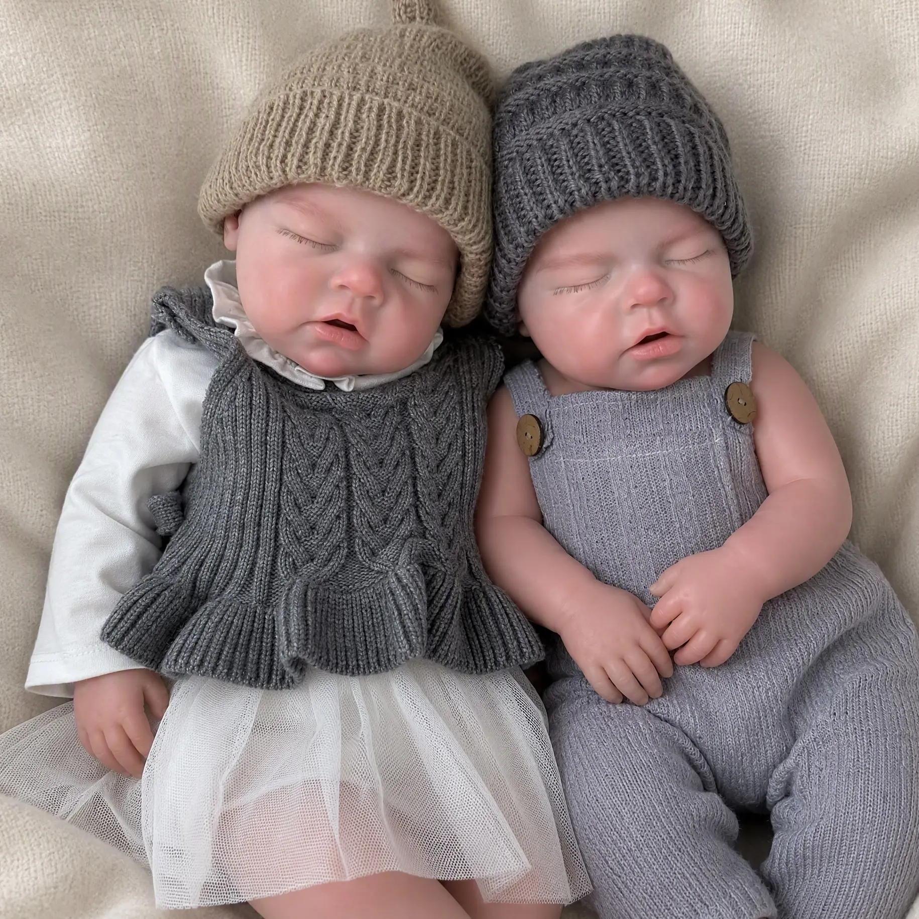 20" (50cm) Full Body Silicone Reborn Baby Doll Set, Unisex Realistic Sleeping Twins with Open Mouth & Soft Touch, Knit Outfits, Certificate & Accessories, Children Development Toy, Perfect Birthday/Christmas Gift for Kids