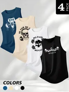 Men's Classic 4-Piece Tank Top Set, Letter Dumbbell Fitness Pattern, Round Neck Sleeveless T-Shirt, Ideal for Gym and Outdoor Activities