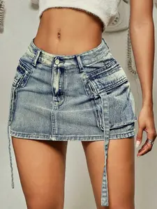 Women's Plain Washed Cargo Denim Mini Skirt - Flap Pocket, Strap Decor, Casual Summer Women's Bottom Clothes