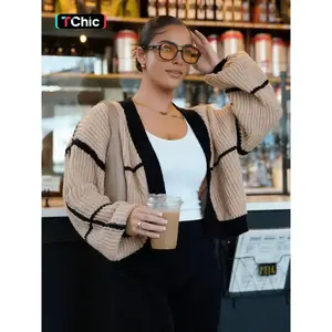 WOMEN'S COLOR - BLOCKED KNITTED CARDIGAN, BUTTON - FREE DESIGN, ESSENTIAL FOR DAILY STREET STYLE, VERSATILE LOOSE - FIT AND SLIMMING KNITTED TOP FOR SPRING AND AUTUMN, Knitted Sweater