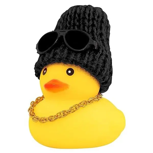 Knitted Hat Rubber Duck with Sunglasses & Gold Chain, DIY-Friendly Durable Car Dashboard Ornament, Easy-Install Car Interior Decor Accessory, Car Ornaments