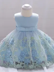 Girl's Appliques Big Bow Decor Fit and Flare Dress, Elegant Sleeveless Round Neck Tulle Dress for Party, Kids Clothes for All Seasons, Embroidered Tulle Dress