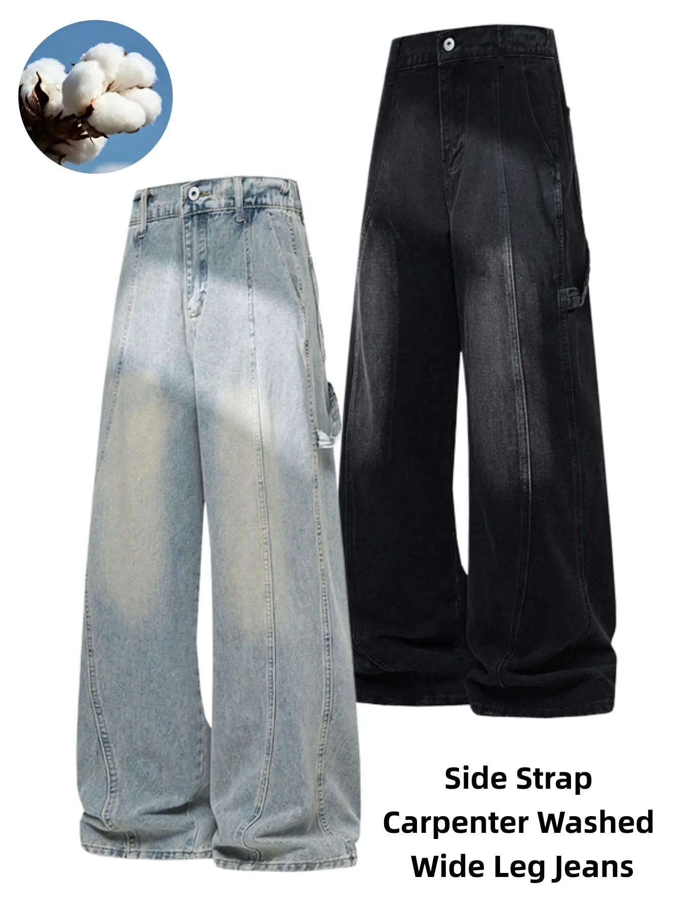 Men's Side Strap Carpenter Washed Wide Leg Jeans, Vintage Gradient Faded Panel Spliced Baggy Denim Pants, Carpenter Side Strap Streetwear Trousers, Elastic Back Waist Oversized Casual Denim Bottoms For Skater Hip Hop Urban Trendy Outfits