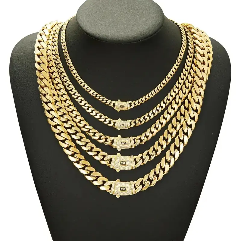 14k Gold Plated Cuban Link Chain exquisite Necklace Golden Stainless Steel Iced Out Clasp Hip Hop Jewelry for Men/ Women 6/8/10/12/14mm stack personalize fathersdaygifts pendant necklace cross vintage christmas gift friday black tarnish gold-plated
