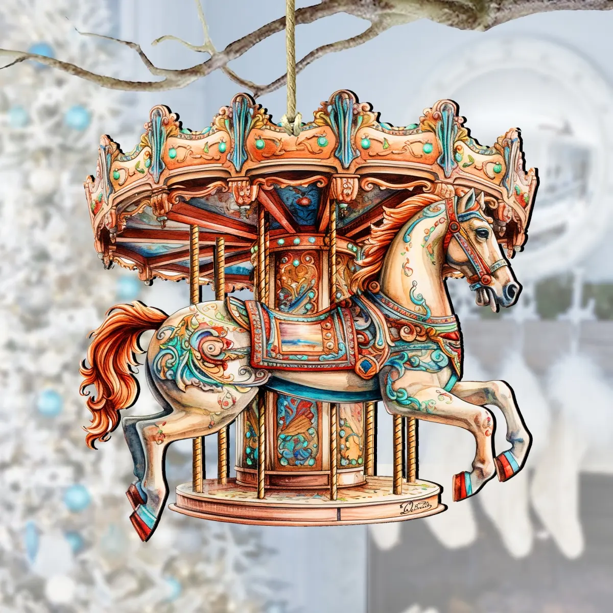 Designocracy 8611027 Handmade Wooden Carousel Horse Christmas Ornament - 5x5.5x0.25in Decorative Indoor-Outdoor Festive Home Accent, UV-Protected, Weather-Resistant, Adds Warmth and Character, Ideal Holiday Gift with Gift Bag