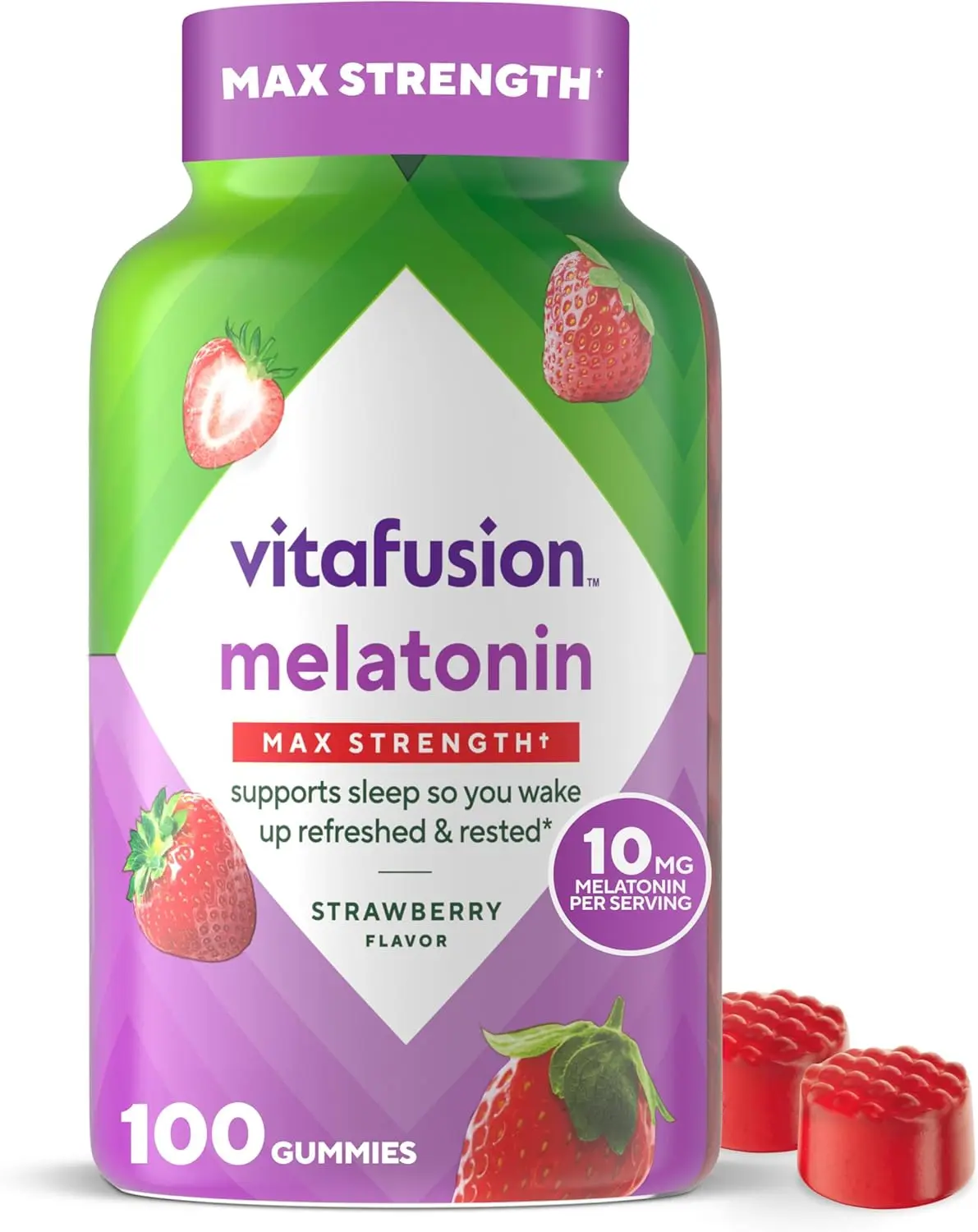vitafusion Max Strength 10 mg Melatonin Sleep Aid Gummies, Gluten-Free, Dye-Free, Strawberry-Flavored Adult Chewable Dietary Supplement, 100-Count Bottle, 50-Day Supply