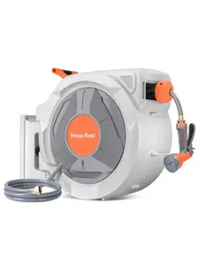 Enrollador De Manguera Retráctil Para Jardín – 1/2'' X 130 Pies – Montaje En Pared – Rebobinado Automático – Boquilla 9 Funciones – Bloqueo A Cualquier Longitud – Soporte Giratorio 180° – Ideal Para Exteriores