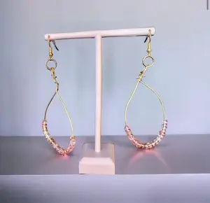 Gold Wire Wrapped Earrings with Pretty Pink Beads, Drop Design, Casual Style, Elegant Beads